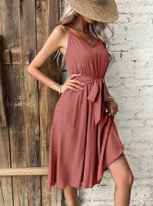 SHEIN Frenchy Vestido de tirantes unicolor con cinturón - Rosa vieja - Ver 4