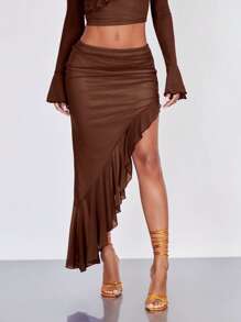 SHEIN BAE 褶邊荷葉邊不對稱下擺半身裙 - 咖啡棕 - 查看 3