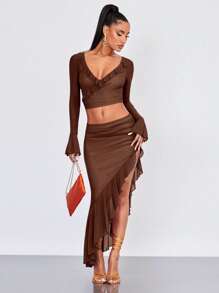 SHEIN BAE 褶邊荷葉邊不對稱下擺半身裙 - 咖啡棕 - 查看 4