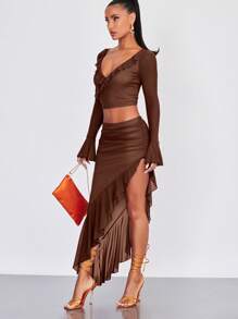 SHEIN BAE 褶邊荷葉邊不對稱下擺半身裙 - 咖啡棕 - 查看 5