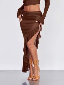 SHEIN BAE 褶邊荷葉邊不對稱下擺半身裙 - 咖啡棕 - 查看 7