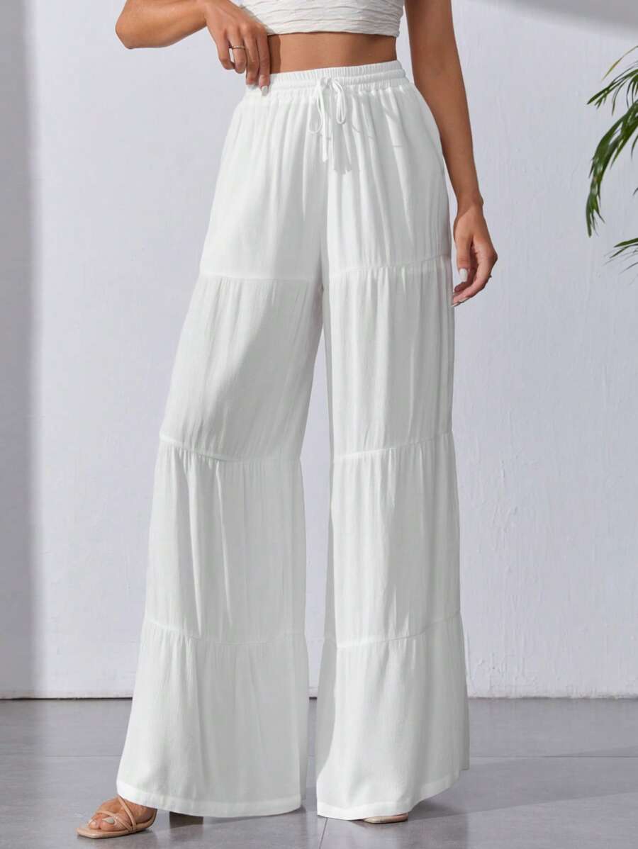SHEIN Tall Solid Ruffle Hem Wide Leg Pants - White - View 1