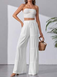 SHEIN Tall Solid Ruffle Hem Wide Leg Pants - White - View 4