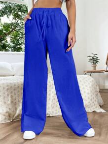 SHEIN EZwear Dây thắt lưng Quần ống rộng - Xanh đậm - Xem 1