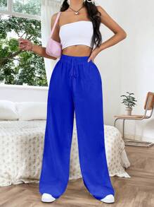 SHEIN EZwear Dây thắt lưng Quần ống rộng - Xanh đậm - Xem 6