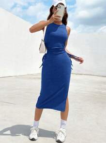 SHEIN EZwear Drawstring Side Split Thigh Dress - Royal Blue - View 5