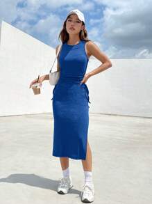 SHEIN EZwear Drawstring Side Split Thigh Dress - Royal Blue - View 8