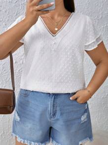 SHEIN Frenchy 大碼圓點蝴蝶袖雪紡襯衫 - 白色 - 查看 1