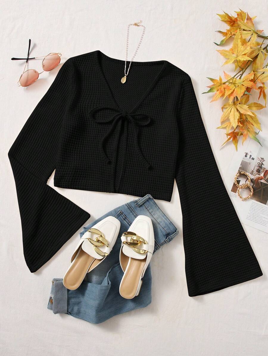 SHEIN EZwear 女式休闲纯色系带喇叭袖衬衫 - 黑色 - 查看 1