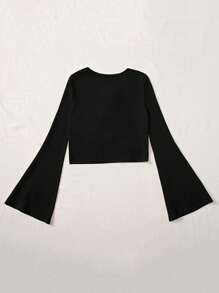 SHEIN EZwear 女式休闲纯色系带喇叭袖衬衫 - 黑色 - 查看 2