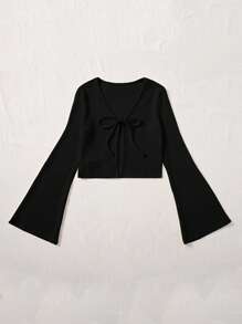 SHEIN EZwear 女式休闲纯色系带喇叭袖衬衫 - 黑色 - 查看 3