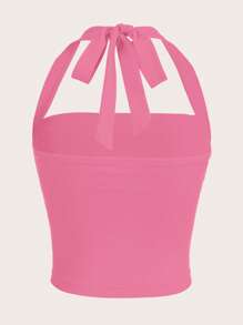 SHEIN EZwear Summer  Outfits Solid Ruched Halter Top - Pink - View 2