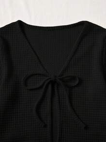 SHEIN EZwear 女式休闲纯色系带喇叭袖衬衫 - 黑色 - 查看 4