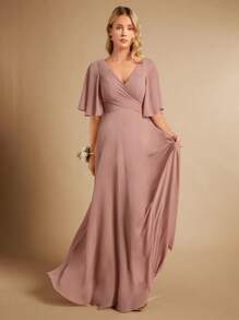 SHEIN Belle Solid Wrap Detail V Neck Butterfly Sleeve Maxi Bridesmaid Dress Elegant Dress - Dusty Pink - View 1