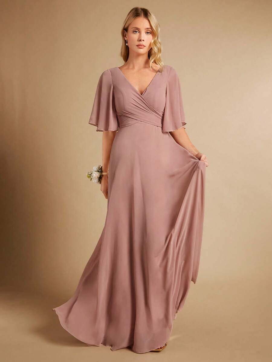 SHEIN Belle Solid Wrap Detail V Neck Butterfly Sleeve Maxi Bridesmaid Dress Elegant Dress - Dusty Pink - View 1
