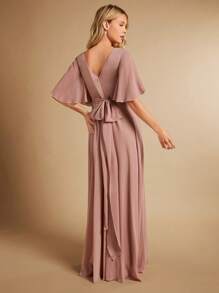 SHEIN Belle Solid Wrap Detail V Neck Butterfly Sleeve Maxi Bridesmaid Dress Elegant Dress - Dusty Pink - View 2