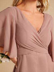 SHEIN Belle Solid Wrap Detail V Neck Butterfly Sleeve Maxi Bridesmaid Dress Elegant Dress - Dusty Pink - View 4
