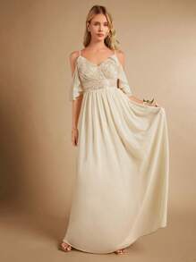 SHEIN Belle Cold Shoulder Sequin Bodice Maxi Formal Dress