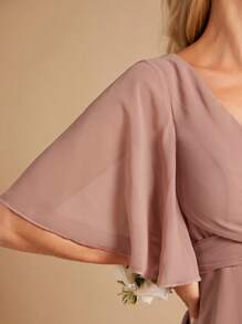 SHEIN Belle Solid Wrap Detail V Neck Butterfly Sleeve Maxi Bridesmaid Dress Elegant Dress - Dusty Pink - View 6