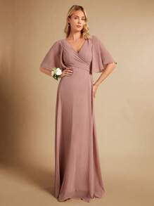 SHEIN Belle Solid Wrap Detail V Neck Butterfly Sleeve Maxi Bridesmaid Dress Elegant Dress - Dusty Pink - View 8