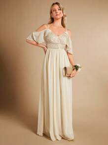 SHEIN Belle Cold Shoulder Sequin Bodice Maxi Formal Dress