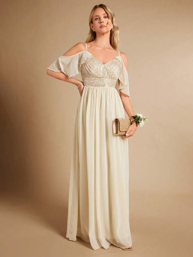 SHEIN Belle Vestido de vestir de hombros descubiertos con lentejuelas corpiño maxi - Albaricoque - Añade 3