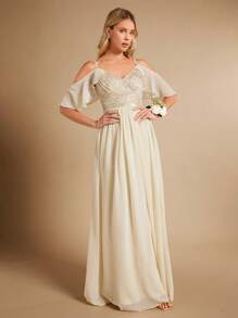 SHEIN Belle Cold Shoulder Sequin Bodice Maxi Formal Dress