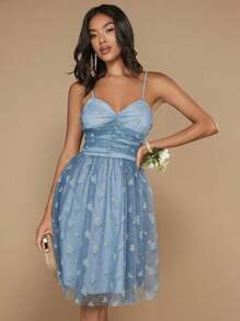 SHEIN Belle Thêu hoa Lớp phủ lưới Váy Dây - Màu xanh ngọc - Xem 4