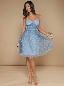 SHEIN Belle Thêu hoa Lớp phủ lưới Váy Dây - Màu xanh ngọc - Xem 6
