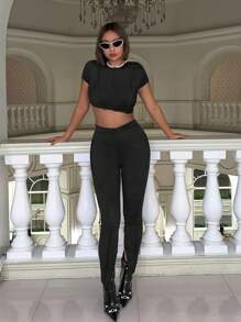 SHEIN ICON Chất rắn Đường may Chi tiết Áo phông Crop - màu đen - Xem 4