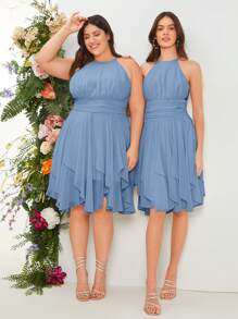 SHEIN Belle 1 Miếng Chất rắn Xù Halter Neck Váy phù dâu - Màu xanh bụi bặm - Xem 3