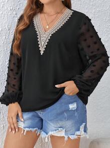 SHEIN Frenchy 大碼圓點水溶蕾絲拼接燈籠袖襯衫