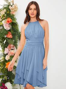 SHEIN Belle 1 Miếng Chất rắn Xù Halter Neck Váy phù dâu - Màu xanh bụi bặm - Xem 7