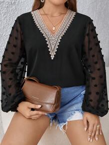 SHEIN Frenchy 大碼圓點水溶蕾絲拼接燈籠袖襯衫