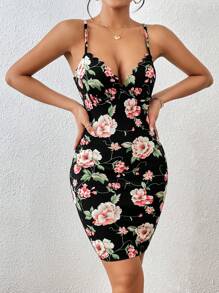 SHEIN Privé 印花貝殼邊吊帶緊身連衣裙 - 彩色 - 查看 1