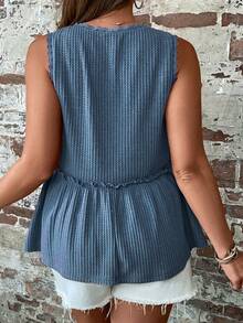 SHEIN LUNE 大碼華夫格編織褶邊荷葉邊下擺背心 - 霧霾藍 - 查看 2