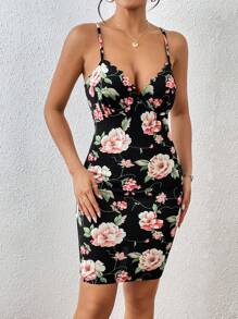SHEIN Privé 印花貝殼邊吊帶緊身連衣裙 - 彩色 - 查看 4