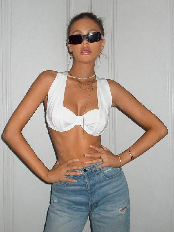 SHEIN X PERLA SHEIN ICON Corpetto bianco tinta unita grinzoso super crop top