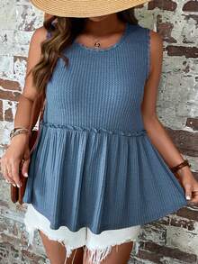 SHEIN LUNE 大碼華夫格編織褶邊荷葉邊下擺背心 - 霧霾藍 - 查看 5