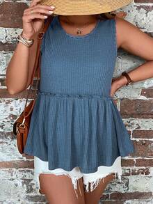 SHEIN LUNE 大碼華夫格編織褶邊荷葉邊下擺背心 - 霧霾藍 - 查看 6