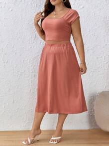 SHEIN Frenchy 大碼方領短款T恤&半身裙 - 藕粉色 - 查看 5