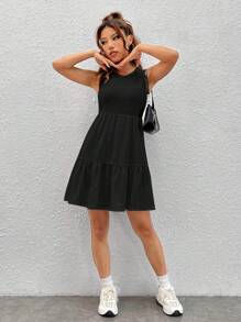 SHEIN EZwear Robe À Broderie Anglaise Unicolore À Volants - Noir - Voir 4