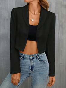 BizChic 女式薄翻领前开襟短款西装外套，基本款上衣，都市通勤简约时尚基本款商务休闲外套，秋冬办公室穿着 - 黑色 - 查看 1