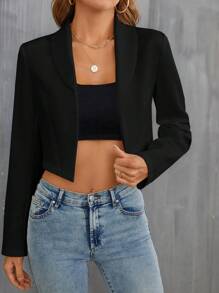 BizChic 女式薄翻领前开襟短款西装外套，基本款上衣，都市通勤简约时尚基本款商务休闲外套，秋冬办公室穿着 - 黑色 - 查看 3