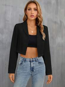 BizChic 女式薄翻领前开襟短款西装外套，基本款上衣，都市通勤简约时尚基本款商务休闲外套，秋冬办公室穿着 - 黑色 - 查看 5