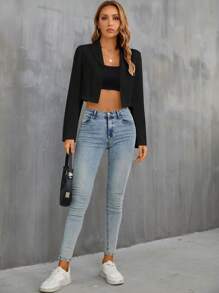 BizChic 女式薄翻领前开襟短款西装外套，基本款上衣，都市通勤简约时尚基本款商务休闲外套，秋冬办公室穿着 - 黑色 - 查看 6