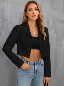 BizChic 女式薄翻领前开襟短款西装外套，基本款上衣，都市通勤简约时尚基本款商务休闲外套，秋冬办公室穿着 - 黑色 - 查看 8