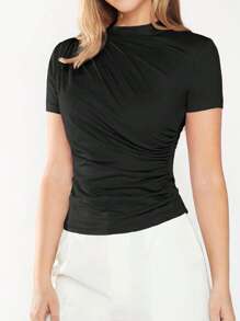 BizChic 素色褶邊修身T恤工作服 - 黑色 - 查看 2