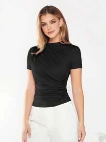 BizChic 素色褶邊修身T恤工作服 - 黑色 - 查看 4