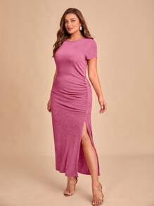 SHEIN Belle Plus Solid Ruched Split Thigh Bridesmaid Dress - Dusty Pink - View 1